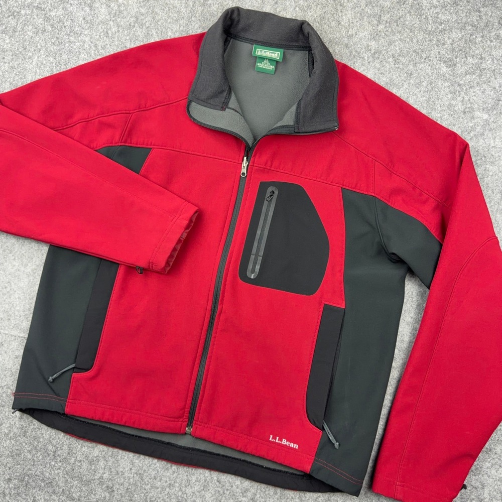 LL Bean Jacket Mens Large Red Gray Softshell Fleece Lined‎ Hiking Outdoor Coat
